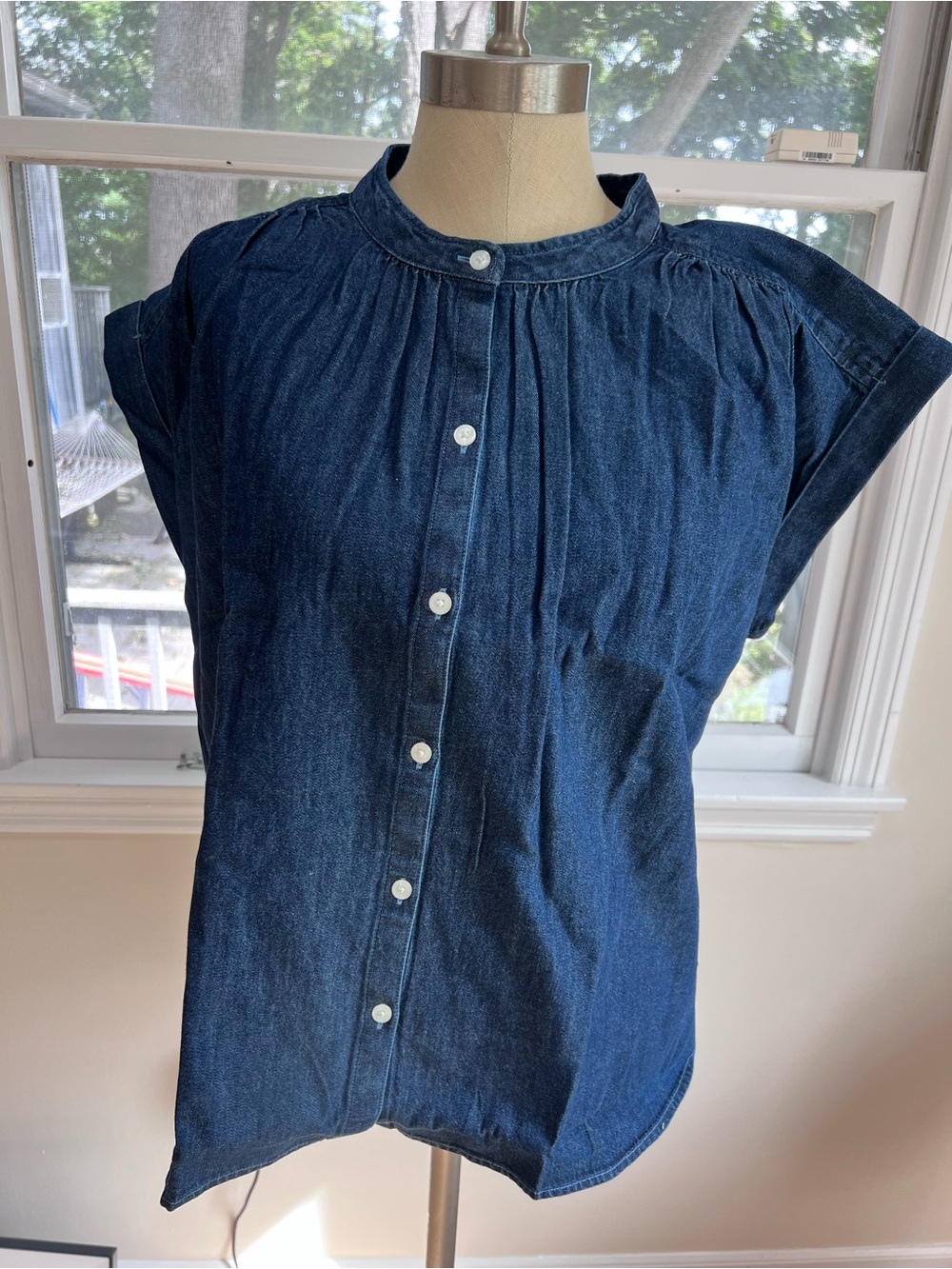 LOFT Dark Blue Denim Button-Front Short Sleeve Shirt